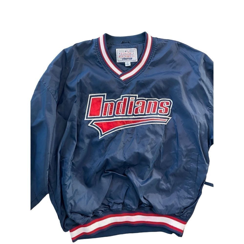 Starter Mens Navy Blue Cleveland Indians Patch Work Pullover Sweatshirt Size XL